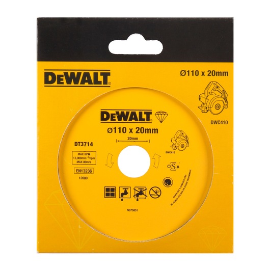 DEWALT DT3714 110 x 20mm diamond saw blade in yellow packaging, suitable for cutting with compatible tools.