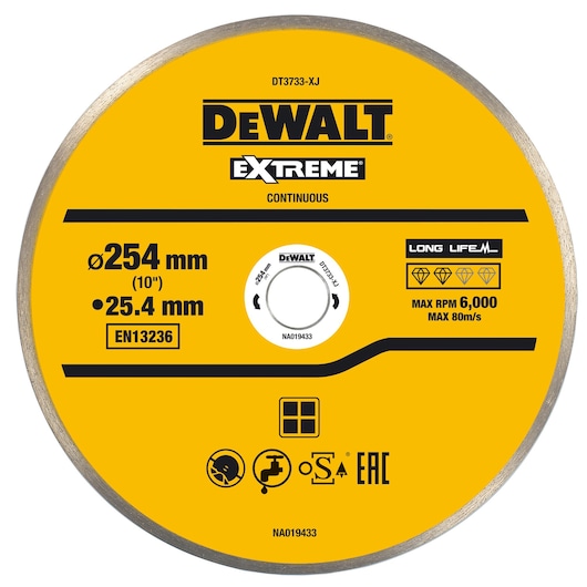 A yellow DEWALT Extreme Continuous diamond cutting disc, model DT3733-XJ, with a diameter of 254 mm and a bore of 25.4 mm. It is designed for long life with a maximum speed of 6,000 RPM and 80 m/s. The disc displays certification marks and technical specifications on the label.