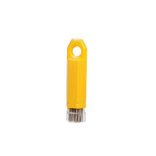 A yellow DEWALT drill bit storage case with a hole for hanging, containing multiple drill bits visible at the bottom.