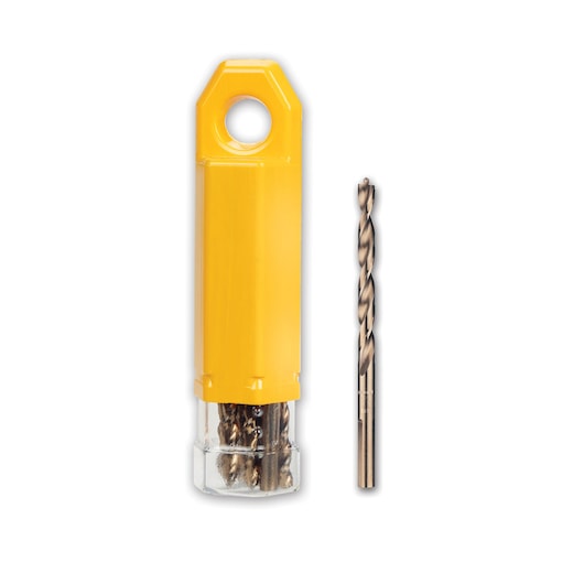 DEWALT drill bit set in yellow plastic case with one drill bit shown outside.
