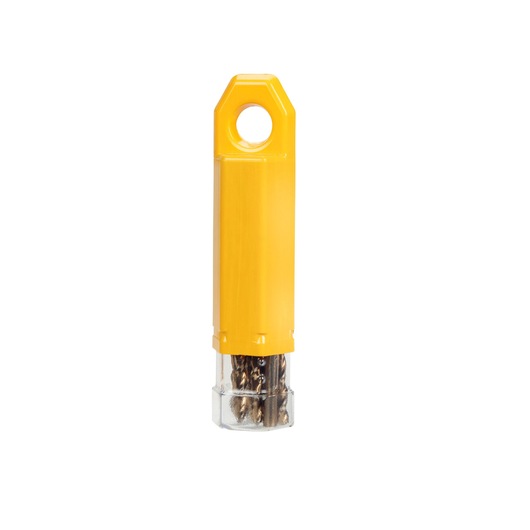 Yellow DEWALT drill bit holder with bits visible in clear bottom, isolated on white background.