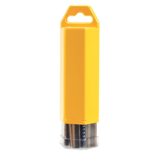 A yellow rectangular plastic container with a hanging hole at the top, used for holding drill bits. The bottom portion is transparent, revealing the drill bits inside.
