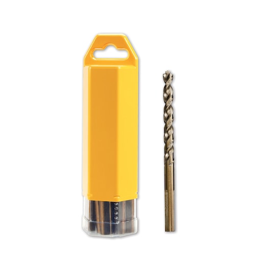 A single metal twist drill bit shown standing vertically next to a yellow plastic storage case with a clear bottom and a hanging tab.