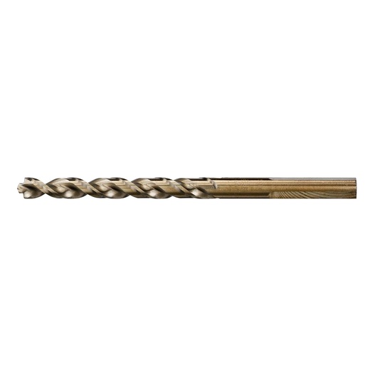 A close-up image of a single metal drill bit with a twisted design, shown against a white background.