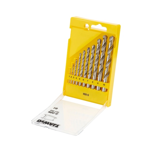 A yellow plastic case containing a set of ten metal drill bits of varying sizes, arranged in ascending order. The case is open, displaying the drill bits and a clear plastic lid with DEWALT branding.