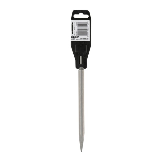 A pointed metal chisel with a cylindrical shaft, packaged with a black plastic holder and a barcode label at the top. The tool is designed for use with power tools, most likely for demolition or masonry work.