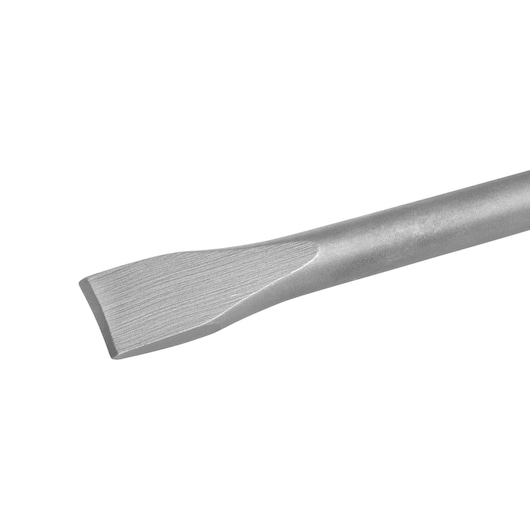 Close-up of a flat chisel tool with a beveled edge, suitable for demolition or masonry work.