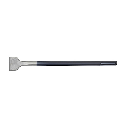 Flat metal chisel with a long handle, suitable for use with power tools or demolition work.