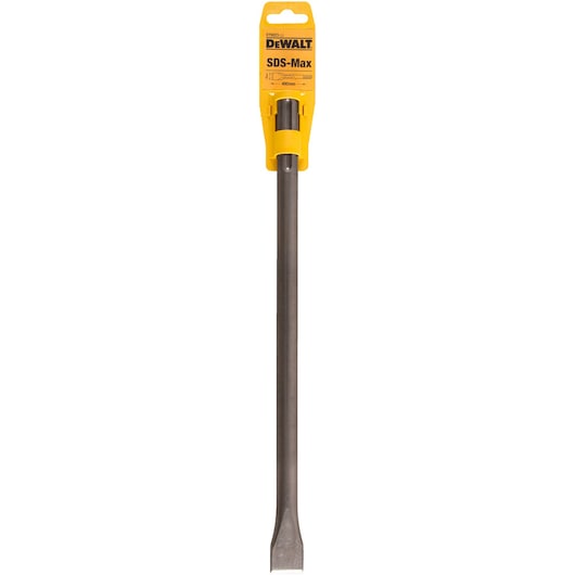 A DEWALT SDS-Max chisel with a flat tip, model DT6823, shown in its packaging. The long metal tool has a yellow and black label at the top indicating brand and specifications.