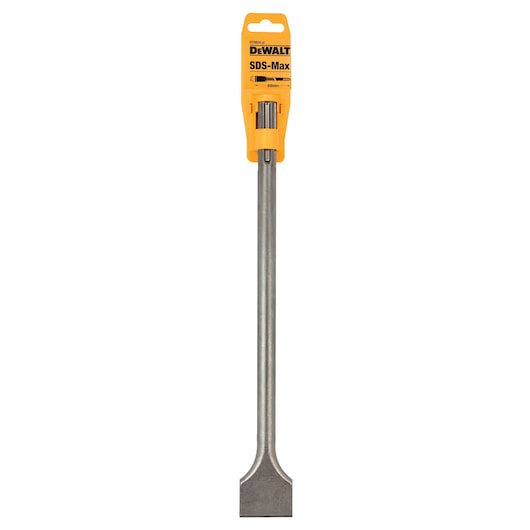DEWALT SDS-Max chisel with flat blade and metal shaft, DT6824 SKU, in yellow packaging.