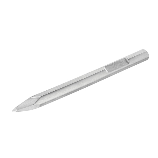 Metal pointed chisel bit, used for breaking and demolition with compatible power tools. Silver color, isolated background.