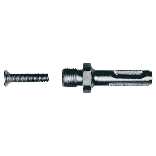 Two metal components, a screw and an adapter, are displayed against a white background. The adapter has a hexagonal section and threaded end.