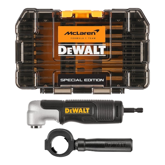 DEWALT McLaren Special Edition tool kit with bits and right-angle attachment.