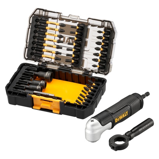DEWALT DT70782 bit set with storage case, right angle attachment, and accessories for drilling and driving.