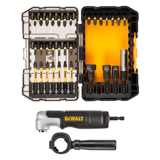 DEWALT DT70782 set with screwdriver bits, sockets, right angle attachment, and handle in a storage case.