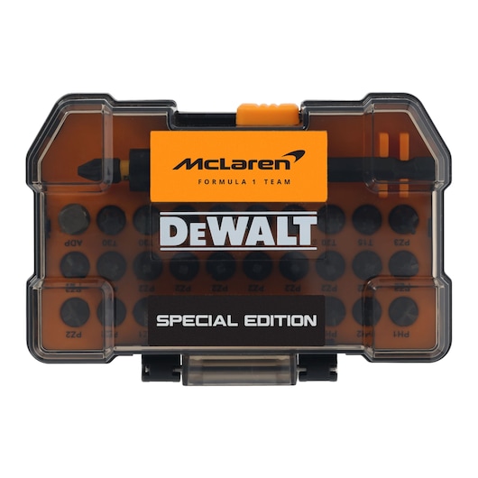 DEWALT McLaren Special Edition bit set, Photography, DT70900T, DT70900T-QZ in black case.