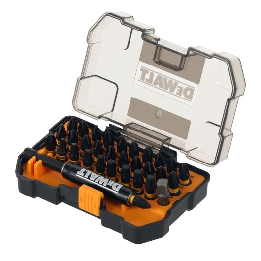 DEWALT bit set in case, SKUs DT70900T, DT70900T-QZ, shown with multiple bits and driver.