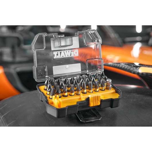 DEWALT bit set in a yellow box, SKUs DT70900T, DT70900T-QZ. Photography product close-up.