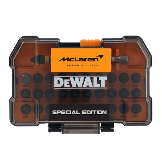 DEWALT McLaren special edition bit set in orange and black case, labeled Formula 1 Team on the front.