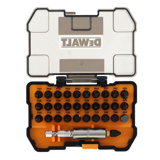 DEWALT bit set in a plastic case with assorted screwdriver bits organized in rows and a metal bit holder.