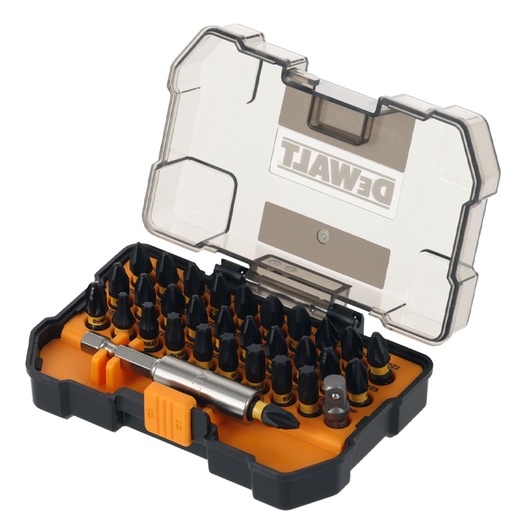 DEWALT DT70901T screwdriver bit set in yellow and black case with clear lid, assorted bits neatly arranged.