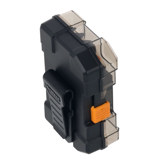 Compact black DEWALT storage case with clear lids and orange latch, suitable for small tools or accessories.
