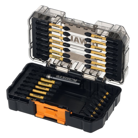 DEWALT photography tool set DT70902T, DT70902T-QZ in a black and clear case with yellow bits.