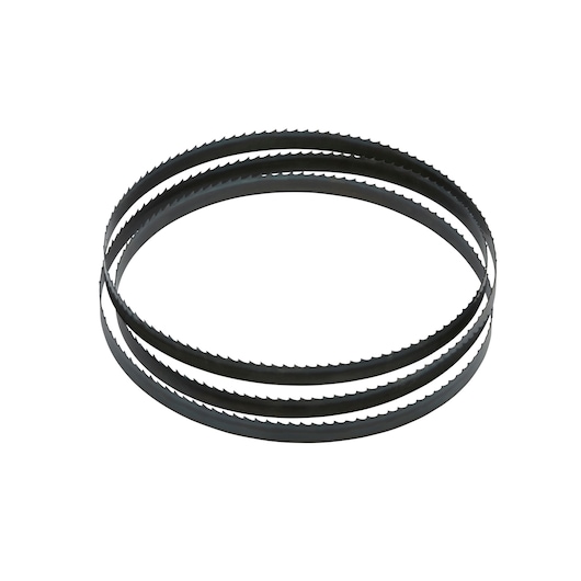 A DEWALT band saw blade, coiled into a circular shape, with evenly spaced teeth along the edge. The blade is shown on a white background.