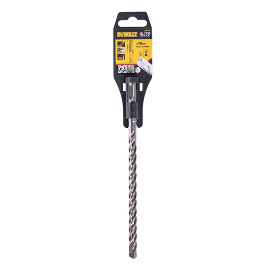 A DEWALT branded SDS Plus hammer drill bit in its retail packaging. The drill bit is long and has a spiral flute design, primarily used for drilling into masonry and concrete. The packaging shows the DEWALT logo, product size specifications, and some pictograms.