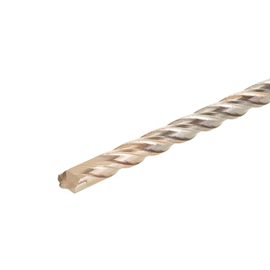 Close-up view of a DEWALT metal drill bit with a twisted design, isolated on a white background.