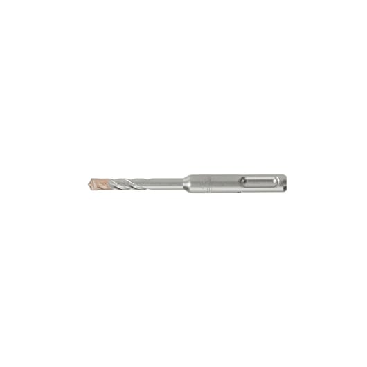 A DEWALT SDS Plus masonry drill bit, silver in color, with a spiral fluted body and carbide tip, shown against a white background.