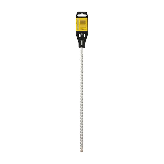 A DEWALT masonry drill bit with a spiral design, packaged in a black and yellow holder, displayed against a white background.