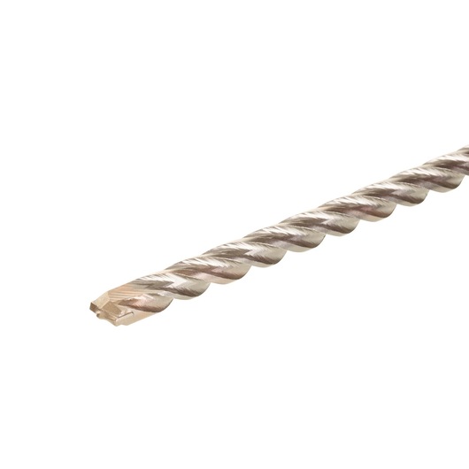 Close-up view of a DEWALT DT9557 masonry drill bit with a spiral flute design and a carbide tip, designed for drilling into concrete, brick, or stone.