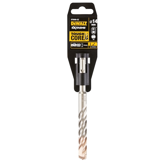 DEWALT Extreme Tough Core drill bit DT9566, 14 mm diameter, shown in its packaging with a black and yellow label.