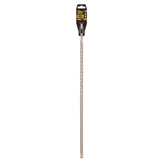 A long DEWALT branded rotary hammer drill bit with a spiral flute and a carbide tip, shown in its retail packaging. The product label displays specifications and the DEWALT logo.