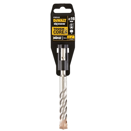 DEWALT Extreme Tough Core SDS drill bit, 16 mm diameter, in retail packaging. The drill bit has a spiral flute and a reinforced tip, suitable for drilling into hard materials.