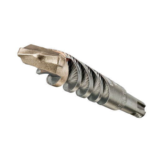 Close-up view of a DEWALT SDS-Plus hammer drill bit with a spiral flute design, used for drilling into concrete, masonry, or stone materials.