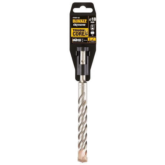 A DEWALT Extreme Tough Core masonry drill bit, 18 mm diameter, packaged in a black and yellow branded holder with product information on the label.