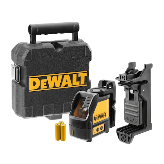A DEWALT DW088K laser level kit is shown, including a black and yellow laser level device, a mount, two AA batteries, and a sturdy black carrying case with the DEWALT logo.
