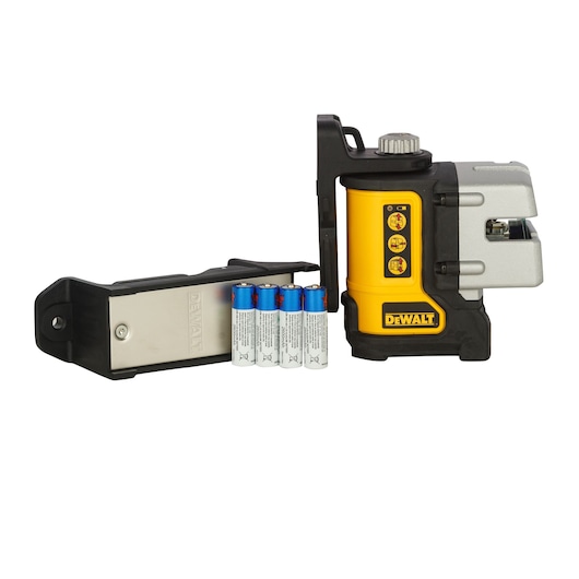 DEWALT DW089K cross line laser level kit, shown with its mounting bracket and four batteries placed in front.
