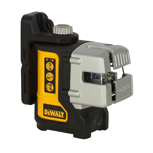 A DEWALT DW089K self-leveling cross line laser tool with a durable casing, featuring three buttons for control and the DEWALT logo on the front. The device is used for precision alignment in construction and photography.