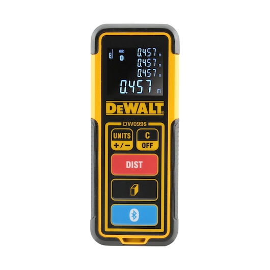 Front view of a DEWALT DW099S laser distance measurer with a digital display showing measurement readings. The device has several buttons labeled UNITS, DIST, and a Bluetooth symbol, and is predominantly yellow and black with red and blue accents.