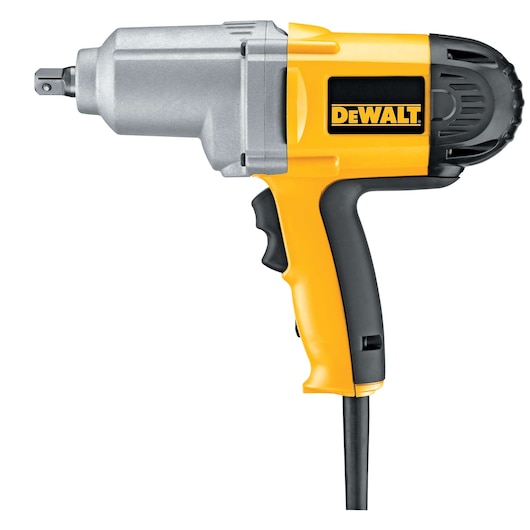 A yellow and black DEWALT electric impact wrench with a cord, featuring a robust metal head and ergonomic handle.