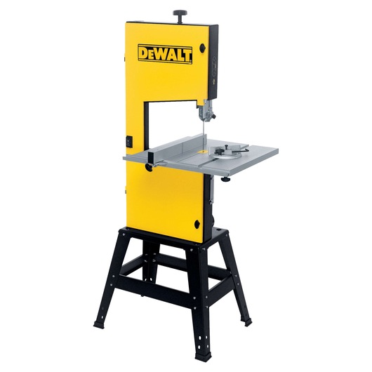 DEWALT yellow and black bandsaw machine with metal worktable and four-legged stand.