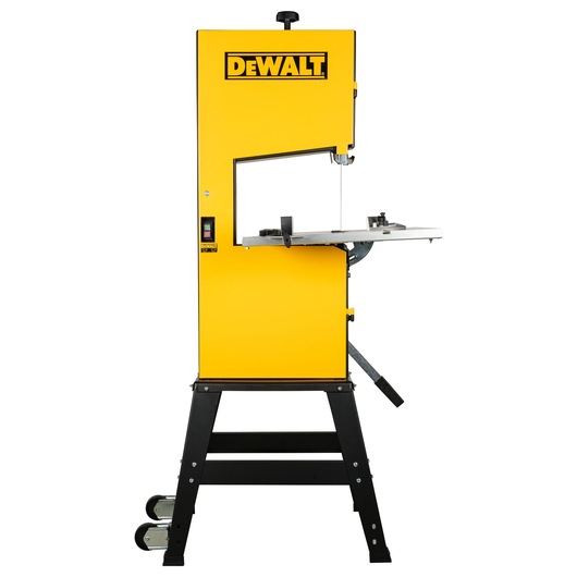 Yellow DEWALT band saw machine with black legs, shown upright on a white background.