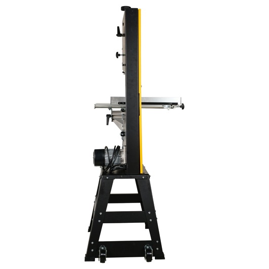 Side view of a DEWALT DW876 bandsaw with black and yellow color, metal base, and visible motor.