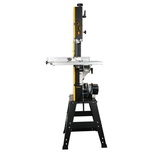 DEWALT DW876 band saw stands upright with metal base and cutting table, suitable for woodworking tasks.