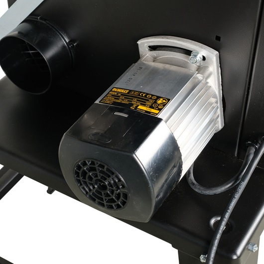 Close-up view of a DEWALT DW876 band saw motor and housing, showing the electrical wiring and ventilation fan.