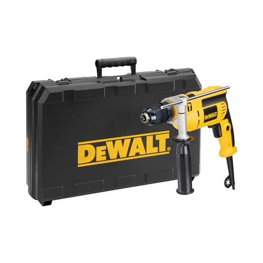 A yellow and black DEWALT electric drill with a side handle, shown in front of a black carrying case with the DEWALT logo.