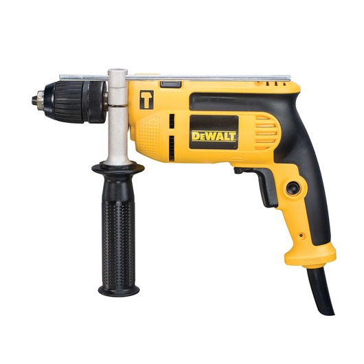 A yellow and black DEWALT corded electric drill with a side handle and depth rod, shown against a white background.